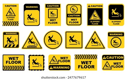 Wet floor signs. Caution orange signs plate collection. Wet floor, stairways, electric shock, watch your step hazard plates