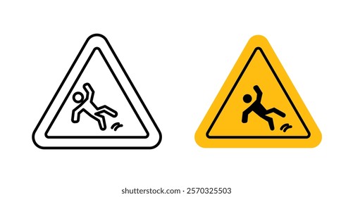 Wet floor signs vectors set in black. line and flat versions