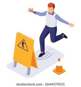 Ilustração do perigo de deslizamento do piso molhado para conscientização da segurança e prevenção de acidentes no ambiente de trabalho