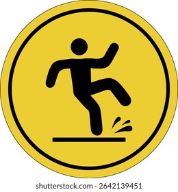 Wet floor. Slippery surface. Yellow circle sticker. Warning icon. Sign yellow. Circle label.