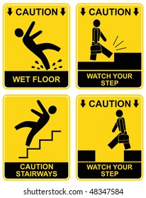 Wet floor, stairways, watch your step - set of vector caution signs. Yellow and black warning icons. Stop ahead, warning - go slow, warning- tripping hazard