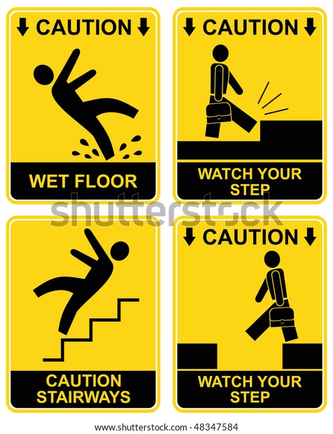 湿った床 階段 階段に注意してください ベクター注意記号のセットです 黄色と黒の警告アイコン 前に停止 警告 遅く 警告 危険を回避 のベクター画像素材 ロイヤリティフリー