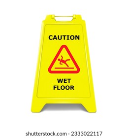 Wet floor standing caution sign board realistic vector illustration. Double-sided folding yellow display stand with editable design