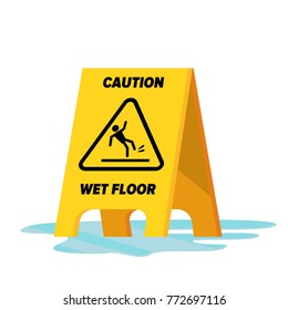 Wet Floor Vector. Classic Yellow Caution Warning Wet Floor Sign. Isolated Flat Illustration.