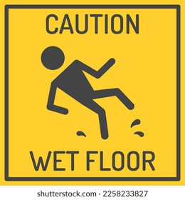 Wet floor warning sign isolated on yellow background. Vector illustration