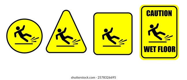 Wet floor - warning sign isolated on white background. Set of vector illustrations in different form. Caution symbol warns of possible injury due to a fall on slippery