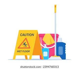 Wet floor warning sign. Yellow triangle with falling man. Cleaning service supplies. Disinfectant products with bucket, mop, detergent. Vector illustration