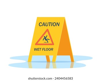 Señal vectorial de advertencia del suelo húmedo en medio del agua derramada. Triángulo amarillo con hombres caídos en un estilo moderno y plano. Ilustración del vector