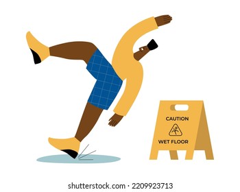 Wet Floor Yellow Maintenance Sign. African American Falling Man. Male Character Slip On Water. Person In Danger. Failure Prevention Concept. Flat Cartoon Vector Illustration. People Get Injury.