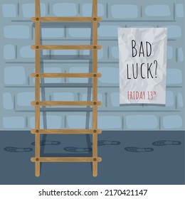 Wet Footprints Under A Wooden Ladder Bad Luck Friday Thirteen Vector