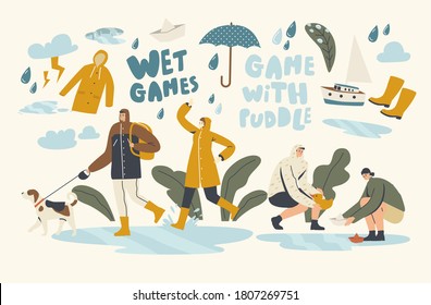 Wet Games with Puddles in Rainy Autumn or Spring Day, Weather. Happy Drenched Passerby Characters Wearing Cloaks with Umbrellas Walking at Rain, Water Pour From Sky. Linear People Vector Illustration