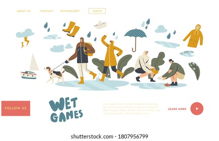 Wet Games with Puddles in Rainy Autumn or Spring Day Landing Page Template. Happy Drenched Characters Wearing Cloaks with Umbrellas Walking at Rain, Fall Weather. Linear People Vector Illustration