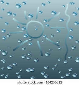 Wet Glass with raindrops. Vector illustration. Drawn water sun.sun.
