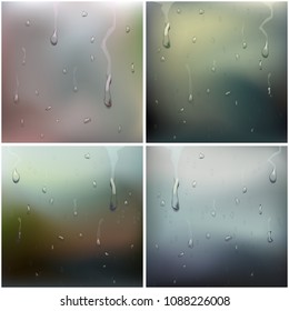 Wet Glass Set Vector. Water Drops. Pure Droplets Condensed. Clear Vapor Water Bubbles. Rain Drops. Steam Shower. Realistic Illustration
