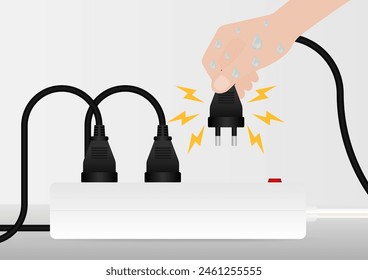 Wet Hand Holding Plug which can cause Electric Shock. Do not use Electricity with Wet Hand. Electricity Short Circuit. Vector Illustration. 
