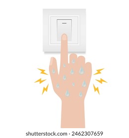 Wet Hand Turning On and Off Light Switch which can cause Electric Shock. Do not use Electricity with Wet Hand. Electricity Short Circuit. Vector Illustration. 