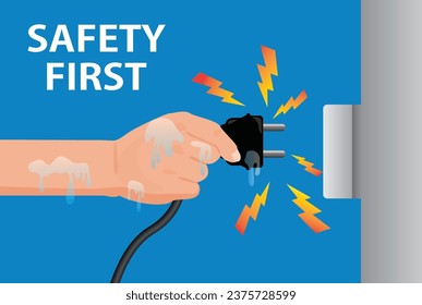 Wet hands plugging in the power, Dangerous from water danger to life and property , safety first
