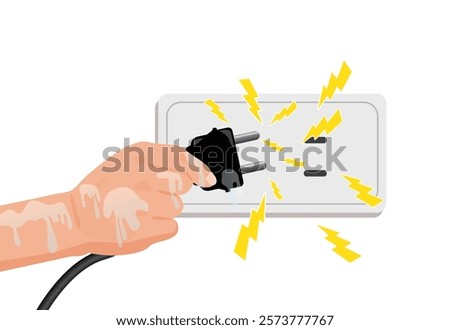 Wet hands plugging in the power, Dangerous from water danger to life and property , safety first
