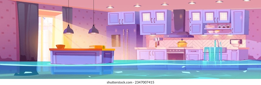 Wet home kitchen flooded with tap water. Vector cartoon illustration of modern dining room in house with furniture and appliances covered with sewage leaking from clogged sink or damaged old pipe