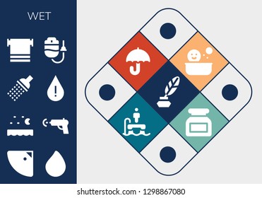  wet icon set. 13 filled wet icons. Simple modern icons about  - Ink, Shower, Paint drop, Sea, Water gun, Drop, Towel, Dropper, Umbrella, Flyboard