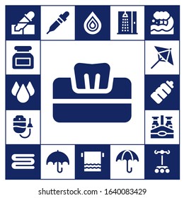 wet icon set. 17 filled wet icons. Included Pipette, Ink, Drop, Tissue, Dropper, Umbrella, Plastic bottle, Beer bottle, Towel, Shower, Wave icons