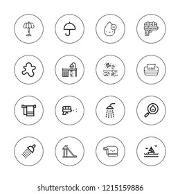 Wet icon set. collection of 16 outline wet icons with blood drop, drop, sea, shower, slide, splash, tissue, towel, umbrella icons.