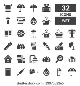 wet icon set. Collection of 32 filled wet icons included Umbrella, Shower, Blood, Water gun, Towel, Wave, Drop, Pipette, Dropper, Drops, Wipes, Ink, Wet protect