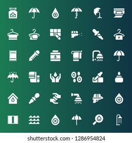 wet icon set. Collection of 36 filled wet icons included Shower, Drop, Umbrella, Blood, Waves, Towel, Water gun, Dropper, Ink, Pipette, Wet protect, Wipes, Blood drop