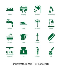 wet icons. Editable 16 wet icons. Included icons such as Waves, Slippery, Shower, Water drops, Droplet, Towel, Umbrella, Sponge, Irrigation, Ink. wet trendy icons for web.