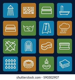 wet icons set. Set of 16 wet outline icons such as shower, sponge, no wash, wet floor, laundry, rain
