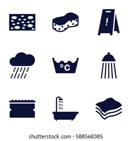 wet icons set. Set of 9 wet filled icons such as shower, sponge, wet floor, laundry