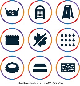 wet icons set. Set of 9 wet filled icons such as sponge, no wash, wet floor, laundry