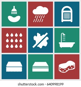Wet icons set. set of 9 wet filled icons such as shower, sponge, no wash, rain