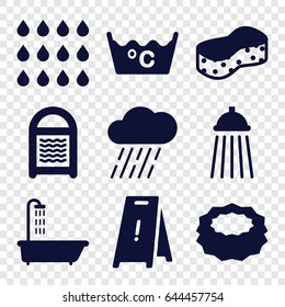 Wet icons set. set of 9 wet filled icons such as shower, sponge, wet floor, laundry, rain