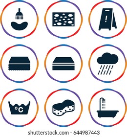 Wet icons set. set of 9 wet filled icons such as shower, sponge, wet floor, laundry