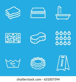 Wet icons set. set of 9 wet outline icons such as shower, sponge, wet floor, laundry