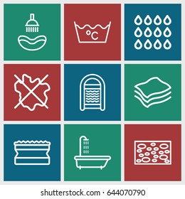 Wet icons set. set of 9 wet outline icons such as shower, sponge, no wash, laundry