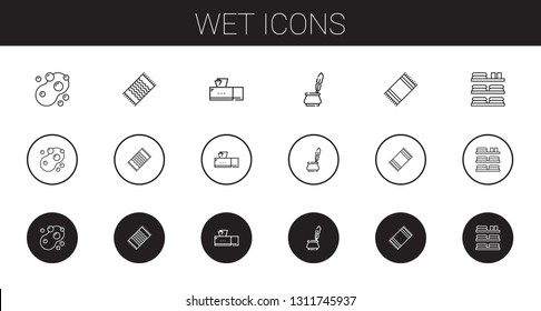 wet icons set. Collection of wet with sponge, beach towel, tissue box, ink, towels. Editable and scalable wet icons.