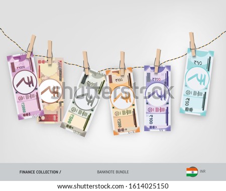 Wet Indian Rupee banknotes set hanging on rope attached with clothespins. Money laundering concept. Dirty money. Flat style vector illustration.