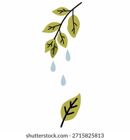 Hojas húmedas con gotas de lluvia en estilo plano dibujado a mano para ilustraciones de sentimiento de naturaleza. Perfecto para gráficos estacionales, temas ecológicos y visuales tranquilos.