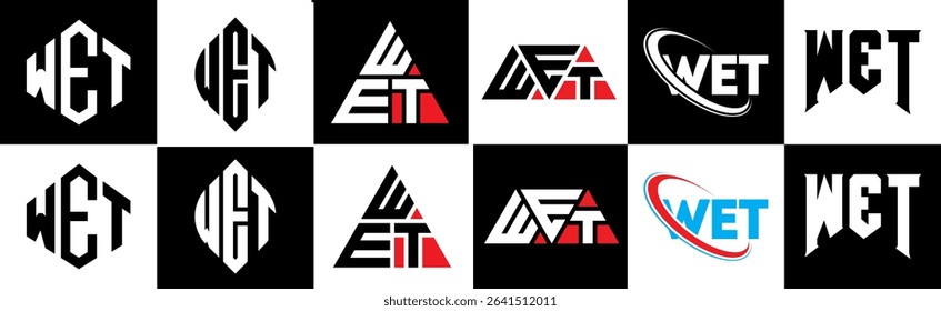 WET letter logo design in six style. WET polygon, circle, triangle, hexagon, flat and simple style with black and white color variation letter logo set in one artboard. WET minimalist and classic logo