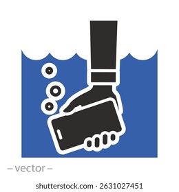 wet mobile in hand, waterproof smartphone, icon of phone underwater, flat vector illustration