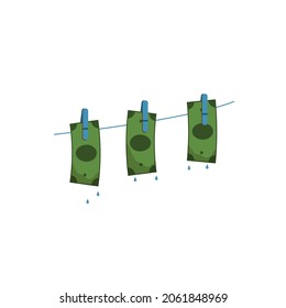 Wet money to dry on a rope, hanging on clothespins. Concept: money laundering. Vector illustration, flat cartoon color minimal design isolated on white background, eps 10.