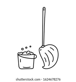 Wet mop and bucket outline vector hand drawn illustrations on white background.   
