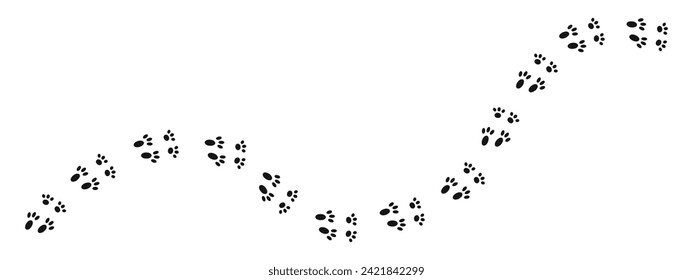 Wet or mud bunny feet prints. Rabbit paw silhouette stamps. Trace of steps of running or walking hare isolated on white background. Vector graphic illustration.