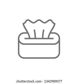 Wet napkin in box, tissue paper line icon.