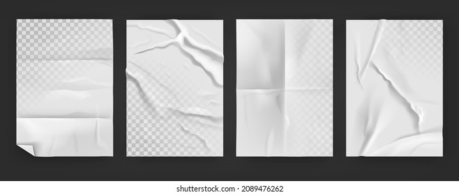 Wet paper. Realistic glued and wrinkled paper on transparent background, glued poster with crease effect. Vector blank outdoor urban banner - Shutterstock ID 2089476262