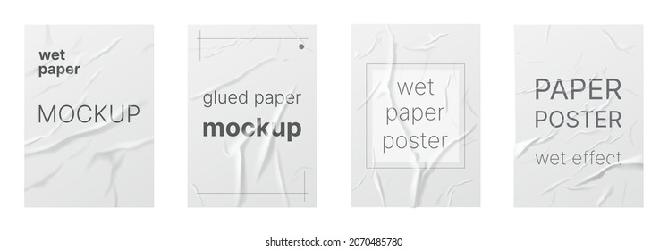 Wet paper with wrinkles, blank crumpled effect texture set vector illustration. 3d realistic wrinkled sheets, wet blank poster billboard mockup, bad glued paper on wall with text isolated on white - Shutterstock ID 2070485780