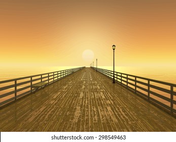 Wet pier on the sea at sunset. Lanterns and benches. Lonely landscape and dramatic sky. The image is drawn in 3d - Vector Illustration EPS 10.