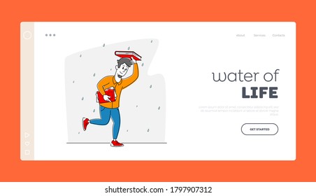 Wet Rainy Autumn Day Landing Page Template. Drenched Passerby Male Character Running at Rain without Umbrella, Man Covering Head with Book from Cold Water Pouring from Sky, Linear Vector Illustration